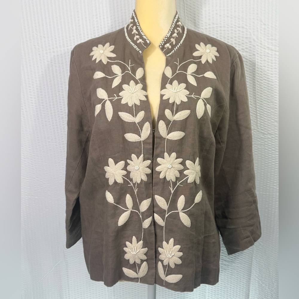 Chico's Women's 3/4 Sleeves Linen Cardigan Blazer Brown Size 2 Embellished